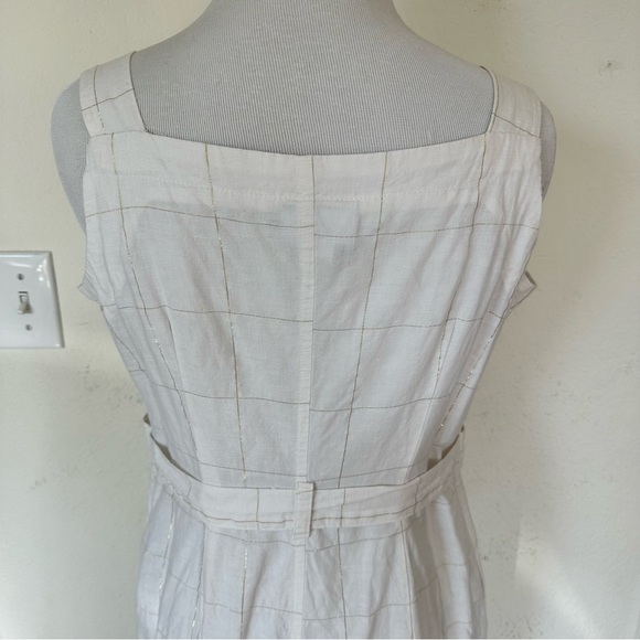 Liz Claiborne Summer White Plaid Metallic Gold Linen Blend Belted Dress Size 4 - Picture 9 of 13